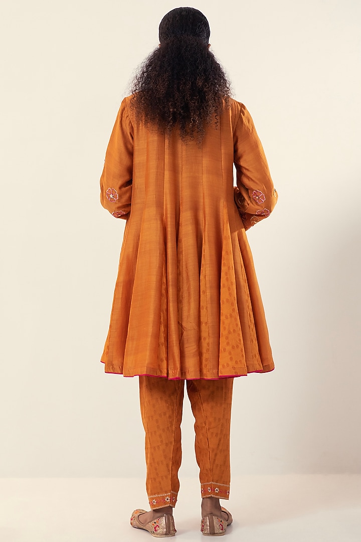 Mustard Organic Dobby & Cotton Silk Embroidered Kalidar Party Wear Anarkali Set by SVASTIH at Pernia's Pop Up Shop