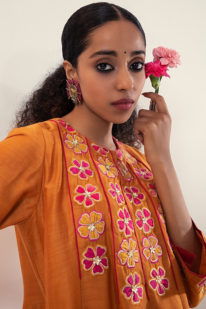 Mustard Organic Dobby & Cotton Silk Embroidered Kalidar Party Wear Anarkali Set by SVASTIH at Pernia's Pop Up Shop