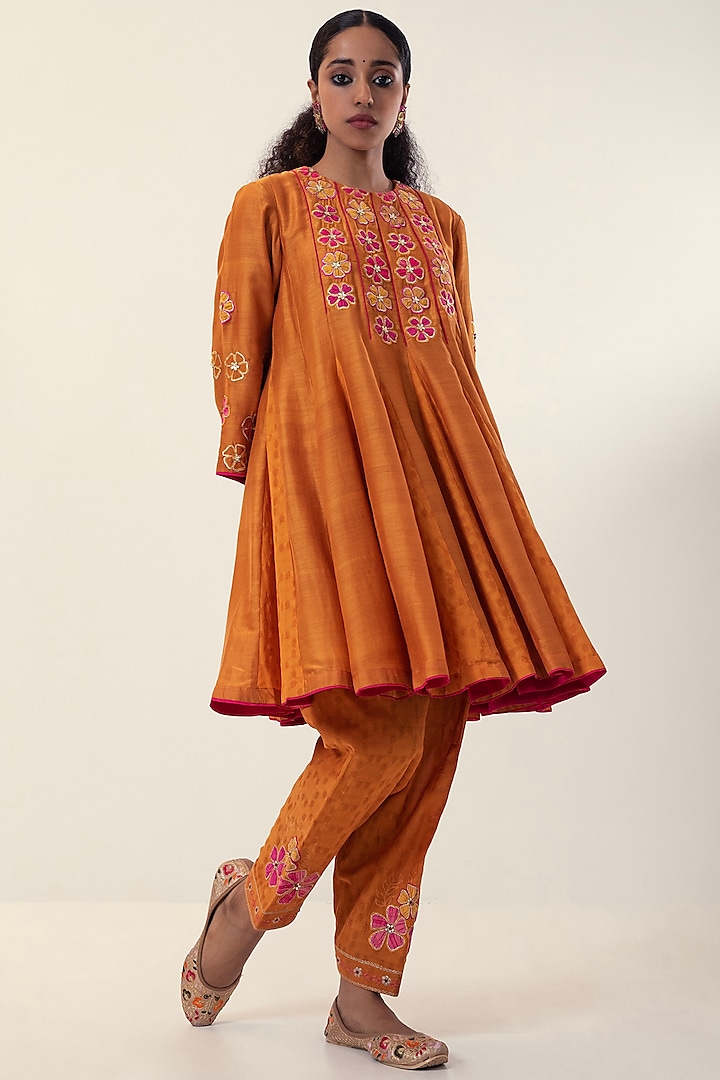 Mustard Organic Dobby & Cotton Silk Embroidered Kalidar Anarkali Set by SVASTIH at Pernia's Pop Up Shop