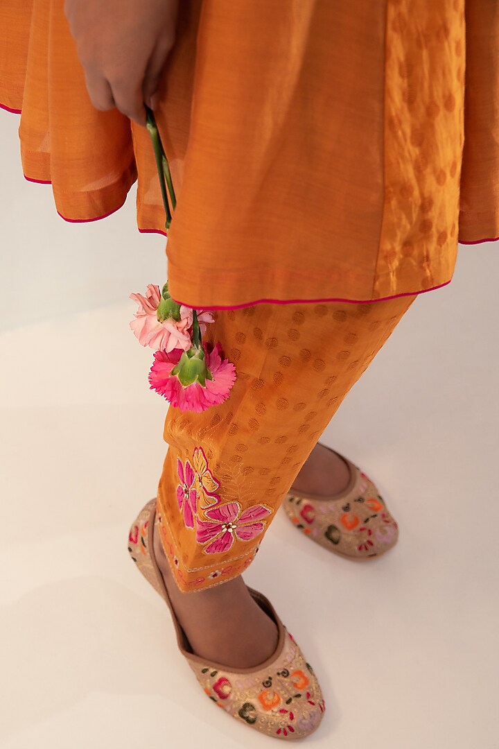 Mustard Organic Dobby & Cotton Silk Embroidered Kalidar Party Wear Anarkali Set by SVASTIH at Pernia's Pop Up Shop