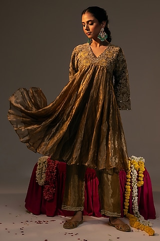 Gold Pure Tissue Sequins & 3D Floral Embroidered Flared Tunic Set by SVASTIH