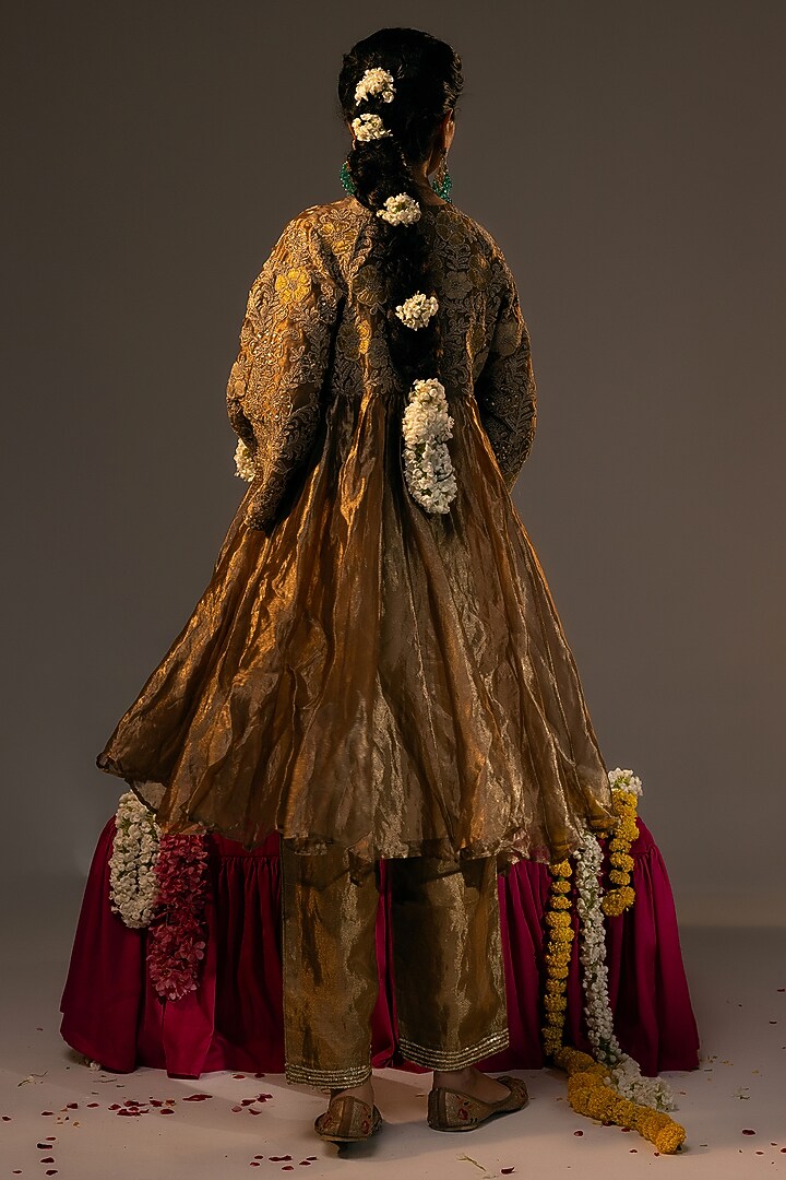 Gold Pure Tissue Sequins & 3D Floral Embroidered Flared Tunic Set by SVASTIH at Pernia's Pop Up Shop