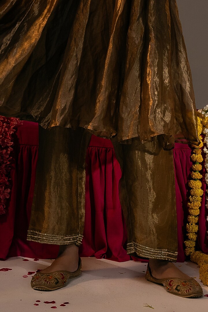 Gold Pure Tissue Sequins & 3D Floral Embroidered Flared Tunic Set by SVASTIH at Pernia's Pop Up Shop