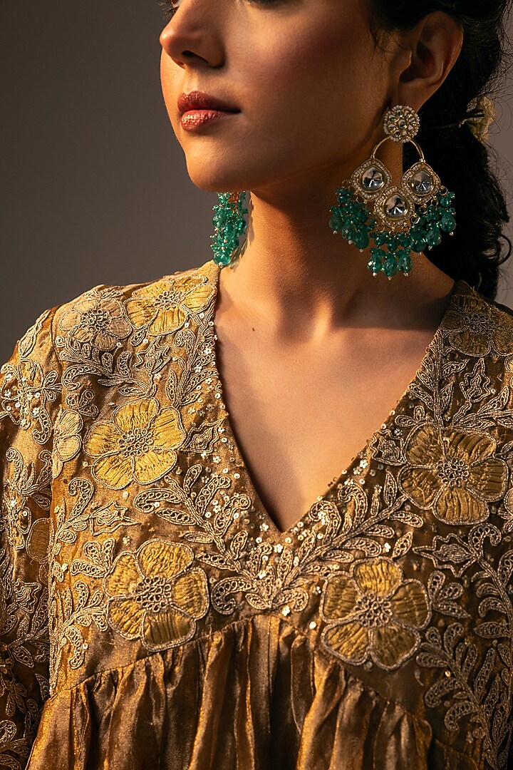 Gold Pure Tissue Sequins & 3D Floral Embroidered Flared Tunic Set by SVASTIH at Pernia's Pop Up Shop