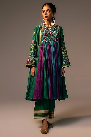 Multi-Colored Chanderi Mul Sequins & 3D Floral Embroidered Flared Tunic Set by SVASTIH