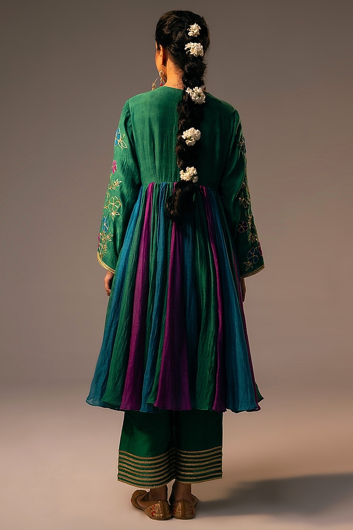 Multi-Colored Chanderi Mul Sequins & 3D Floral Embroidered Flared Tunic Set by SVASTIH at Pernia's Pop Up Shop