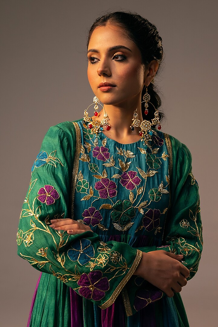 Multi-Colored Chanderi Mul Sequins & 3D Floral Embroidered Flared Tunic Set by SVASTIH at Pernia's Pop Up Shop