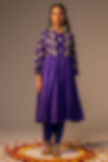 Purple Pure Silk Sequins & 3D Floral Embroidered Flared Tunic Set by SVASTIH at Pernia's Pop Up Shop