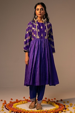 Purple Pure Silk Sequins & 3D Floral Embroidered Flared Tunic Set by SVASTIH