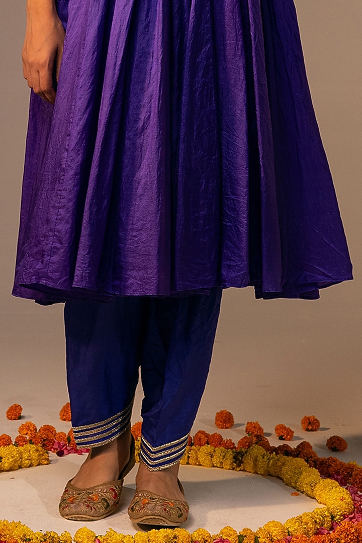 Purple Pure Silk Sequins & 3D Floral Embroidered Flared Tunic Set by SVASTIH at Pernia's Pop Up Shop