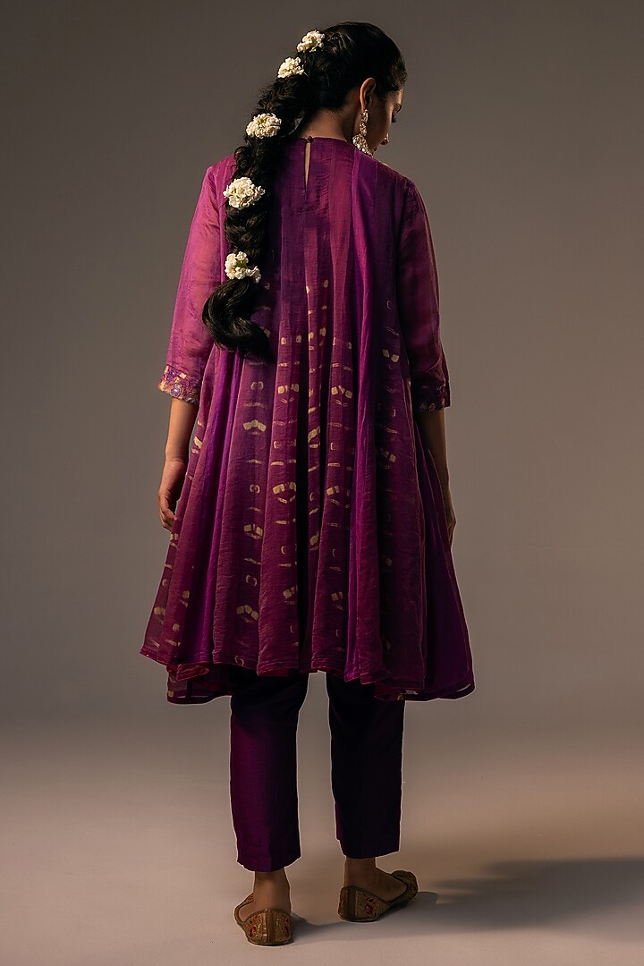 Purple Pure Silk Hand-Tied Dyed & 3D Floral Embroidered Tunic Set by SVASTIH at Pernia's Pop Up Shop