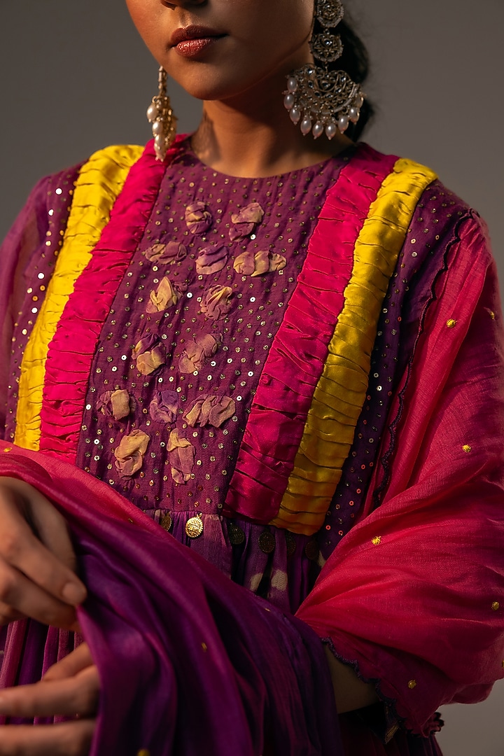 Purple Pure Silk Hand-Tied Dyed & 3D Floral Embroidered Tunic Set by SVASTIH at Pernia's Pop Up Shop