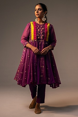 Purple Pure Silk Hand-Tied Dyed & 3D Floral Embroidered Tunic Set by SVASTIH