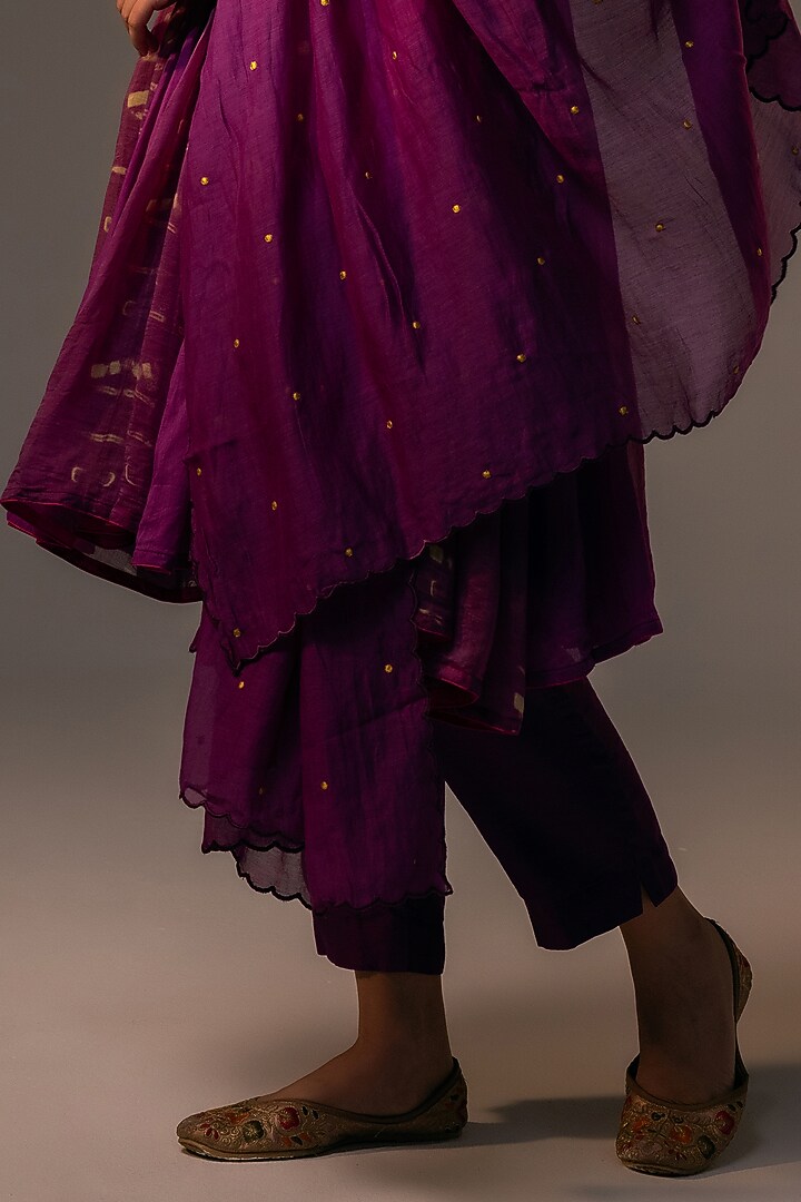 Purple Pure Silk Hand-Tied Dyed & 3D Floral Embroidered Tunic Set by SVASTIH at Pernia's Pop Up Shop