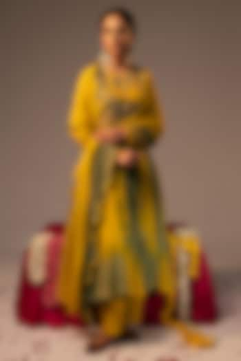 Yellow Chanderi Tissue Embroidered Anarkali Set by SVASTIH at Pernia's Pop Up Shop