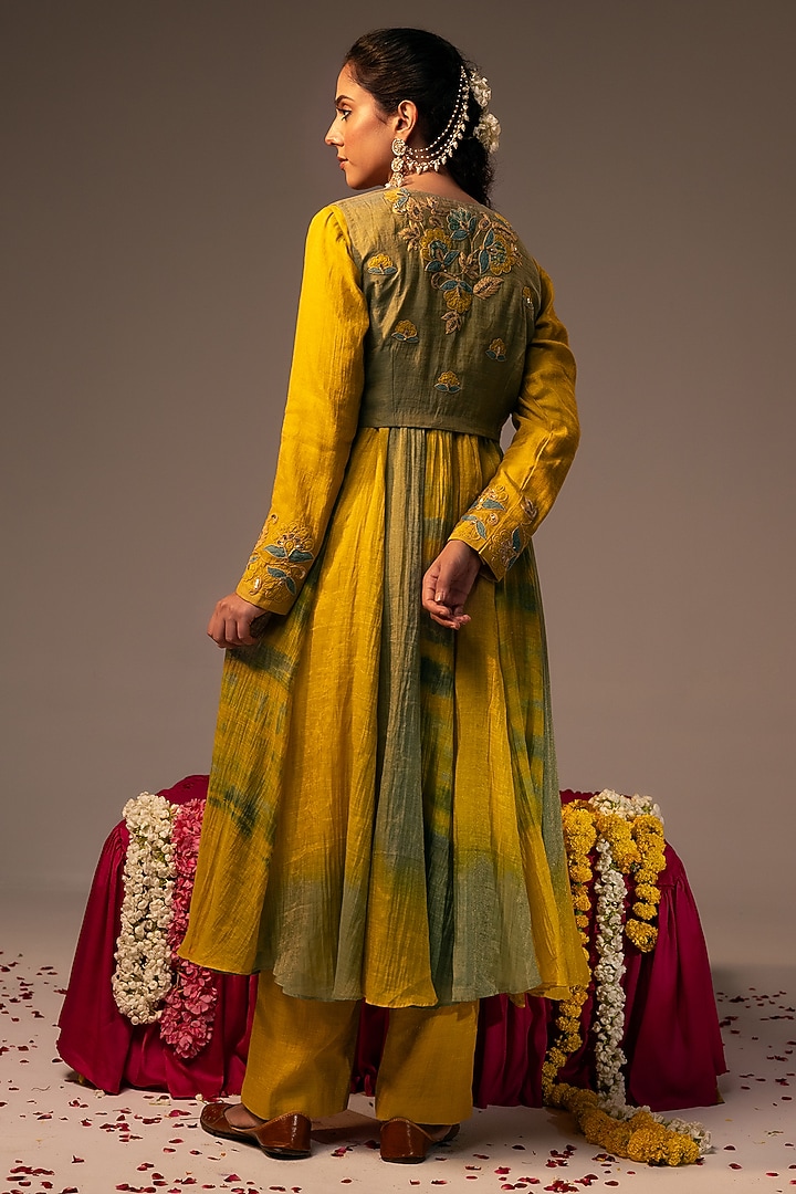 Yellow Chanderi Tissue Embroidered Wedding Anarkali Set by SVASTIH at Pernia's Pop Up Shop