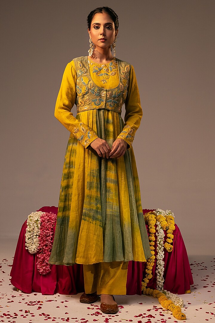 Yellow Chanderi Tissue Embroidered Wedding Anarkali Set by SVASTIH at Pernia's Pop Up Shop