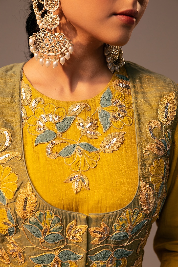 Yellow Chanderi Tissue Embroidered Wedding Anarkali Set by SVASTIH at Pernia's Pop Up Shop