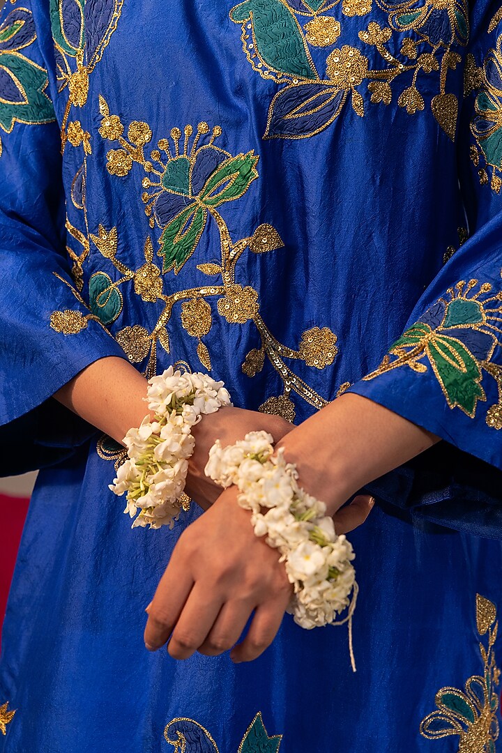 Blue Pure Silk Sequins & 3D Floral Embroidered Kurta Set by SVASTIH at Pernia's Pop Up Shop