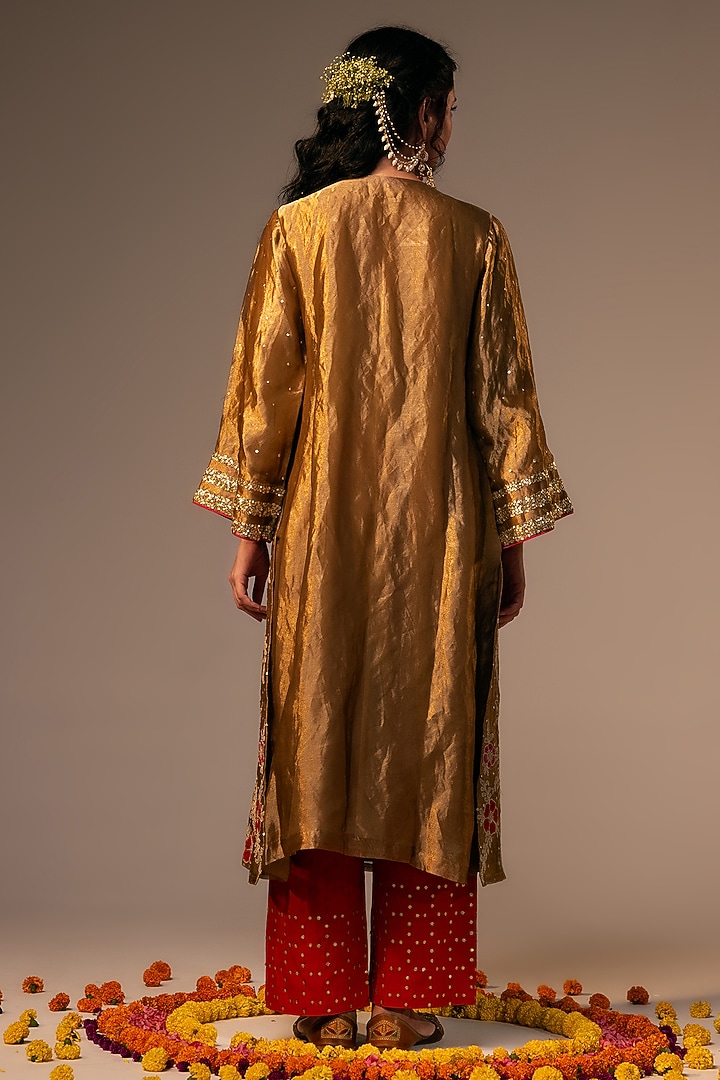 Gold Pure Tissue Sequins & 3D Floral Embroidered Kurta Set by SVASTIH at Pernia's Pop Up Shop