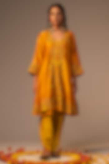 Orange Silk Chanderi Sequins & 3D Floral Embroidered Tunic Set by SVASTIH at Pernia's Pop Up Shop