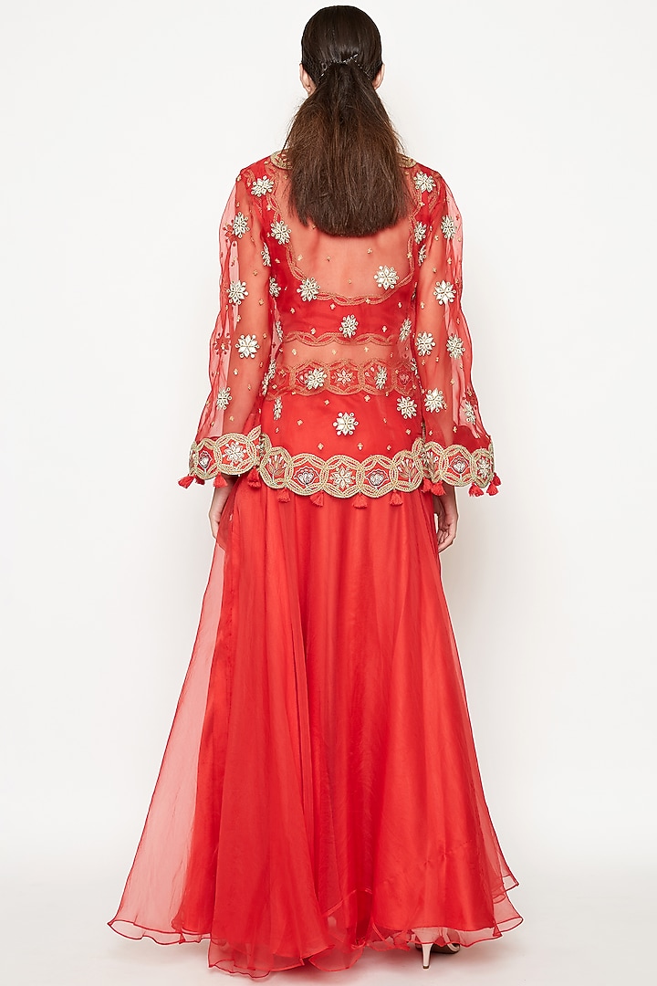 Red Embroidered Wedding Lehenga Set With Cape by Swati Vijaivargie at Pernia's Pop Up Shop