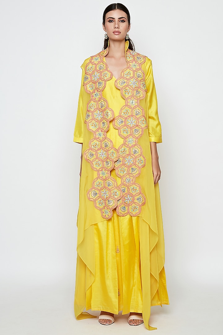 Yellow Embroidered Pleated Dress by Swati Vijaivargie
