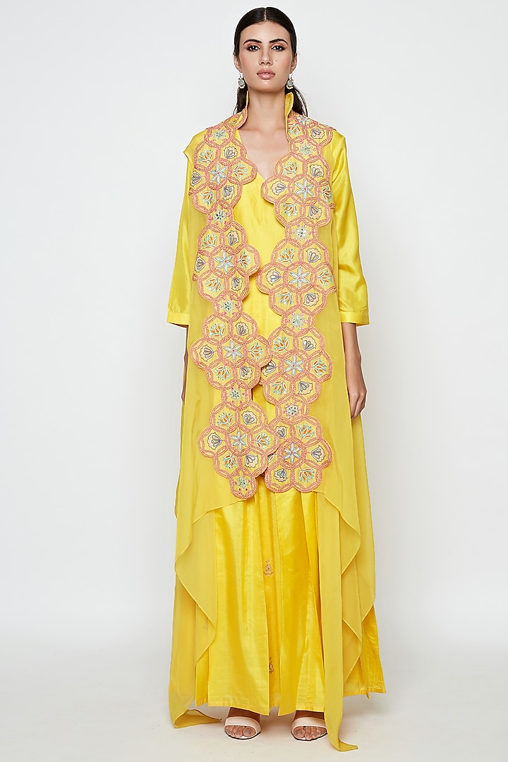 Yellow Embroidered Pleated Dress by Swati Vijaivargie at Pernia's Pop Up Shop