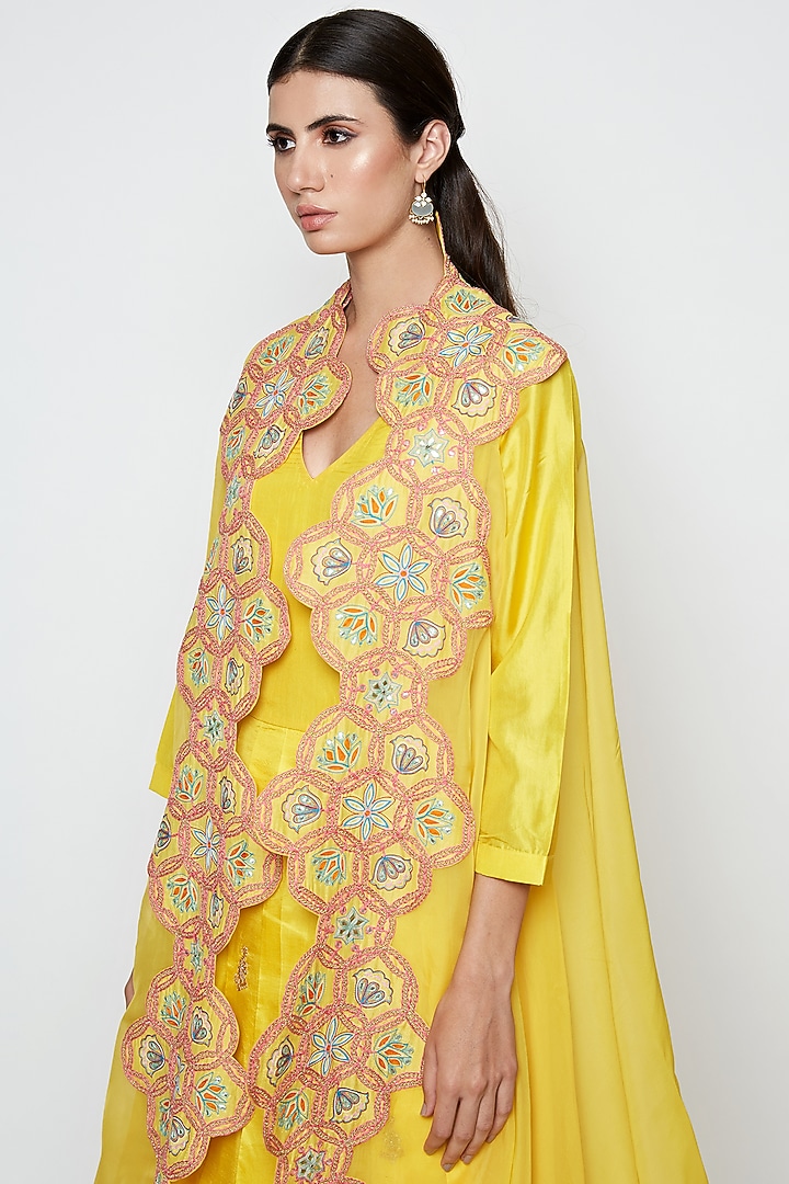 Yellow Silk Pleated Maxi Cocktail Dress With Jacket by Swati Vijaivargie at Pernia's Pop Up Shop