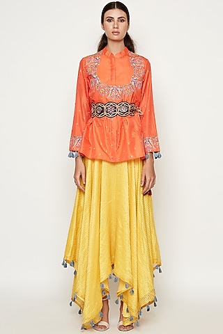 Yellow Silk Pleated Maxi Dress With Cape by Swati Vijaivargie