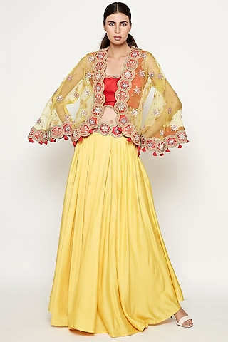 Yellow Embroidered Lehenga Set With Cape by Swati Vijaivargie