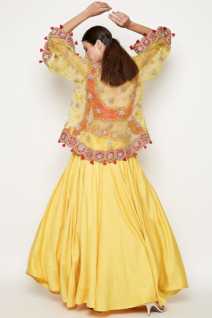 Yellow Embroidered Wedding Lehenga Set With Cape by Swati Vijaivargie at Pernia's Pop Up Shop