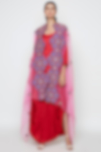Red & Pink Embroidered Dress With Cape by Swati Vijaivargie