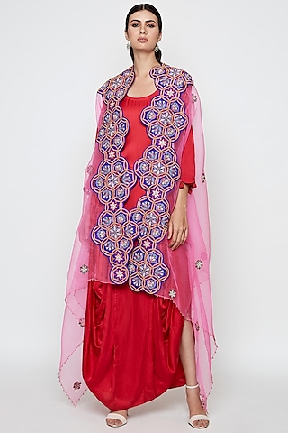 Red Modal Satin & Organza Dress With Embroidered Cape by Swati Vijaivargie