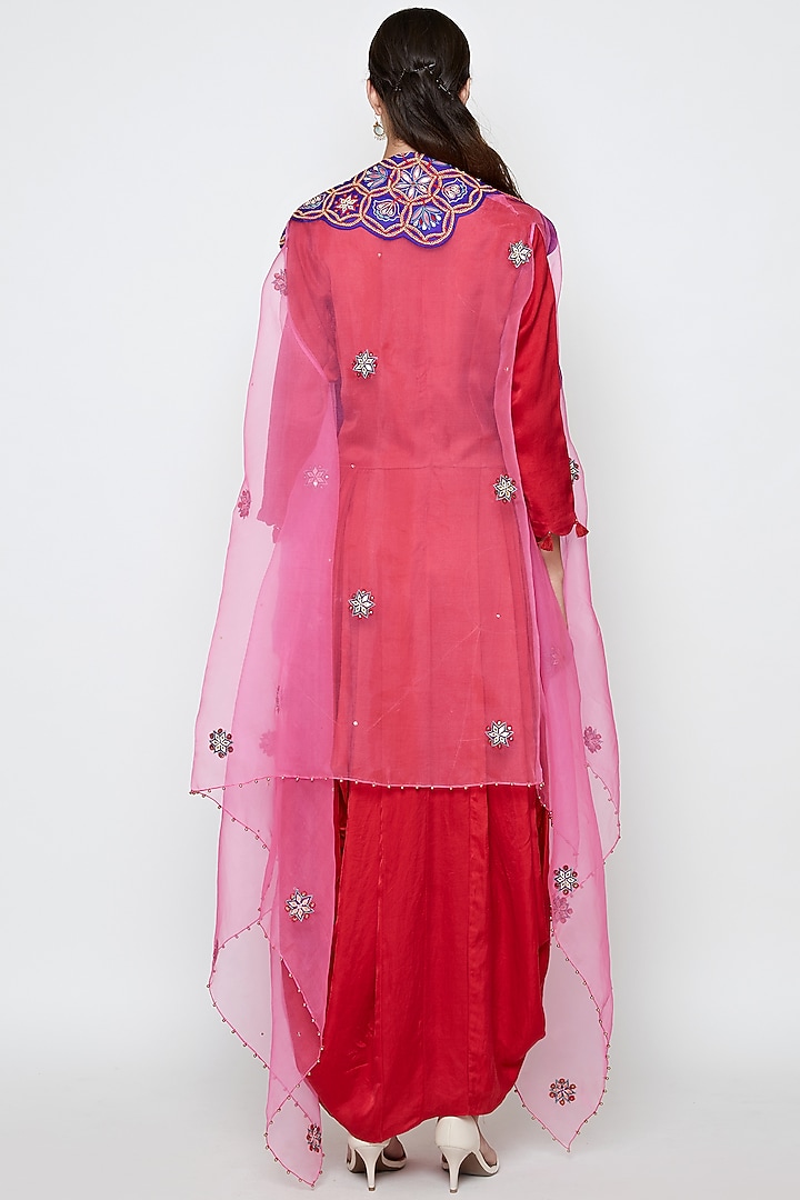 Red Modal Satin & Organza Cocktail Dress With Embroidered Cape by Swati Vijaivargie at Pernia's Pop Up Shop