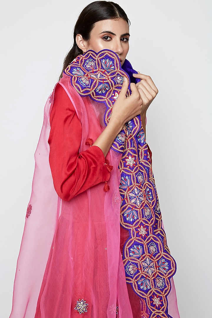 Red Modal Satin & Organza Cocktail Dress With Embroidered Cape by Swati Vijaivargie at Pernia's Pop Up Shop