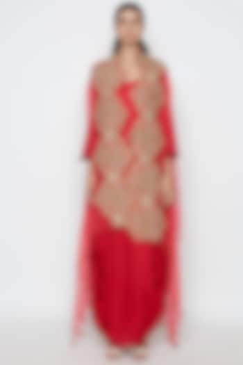 Red Embroidered Dress With Cape by Swati Vijaivargie