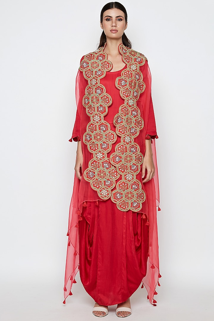 Red Embroidered Dress With Cape by Swati Vijaivargie