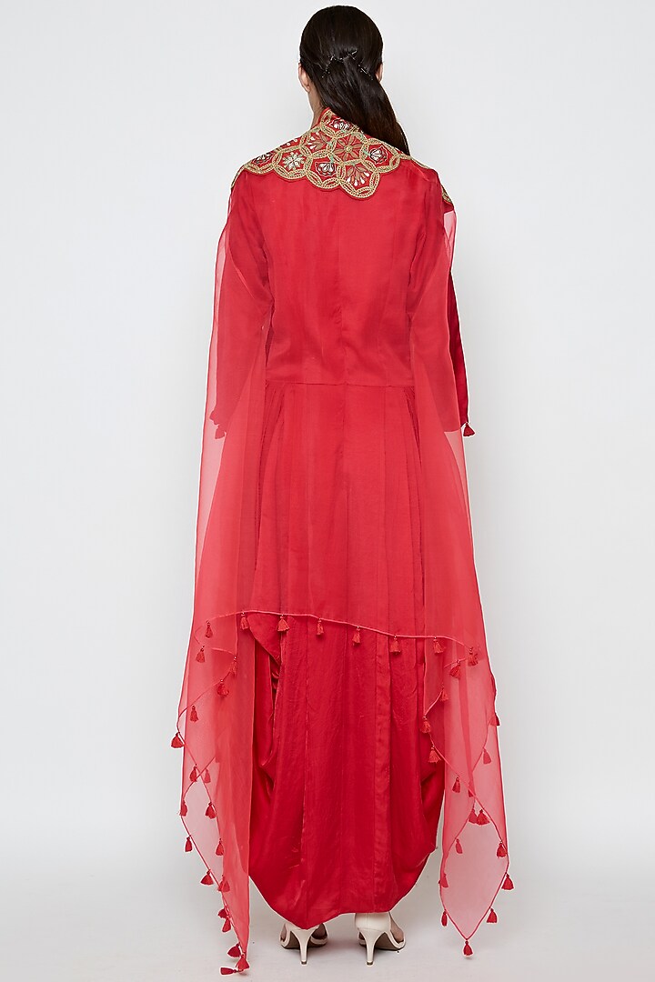 Red Modal Satin & Organza Cape Cocktail Dress by Swati Vijaivargie at Pernia's Pop Up Shop