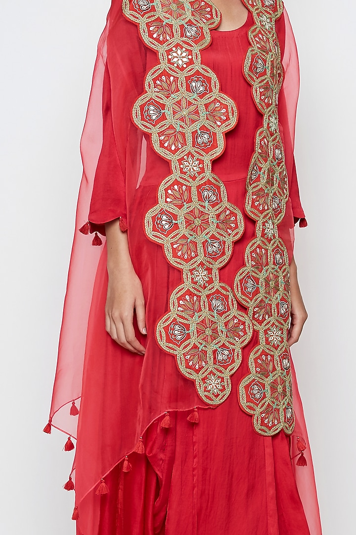 Red Modal Satin & Organza Cape Cocktail Dress by Swati Vijaivargie at Pernia's Pop Up Shop
