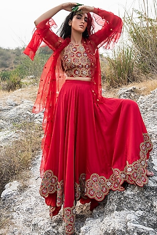 Red Embroidered Lehenga Set by Swati Vijaivargie
