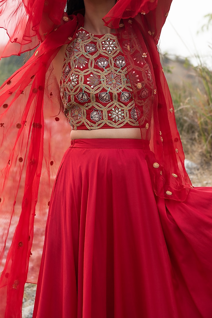 Red Embroidered Wedding Lehenga Set by Swati Vijaivargie at Pernia's Pop Up Shop