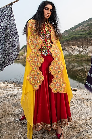 Red Embroidered Sharara Set With Cape by Swati Vijaivargie