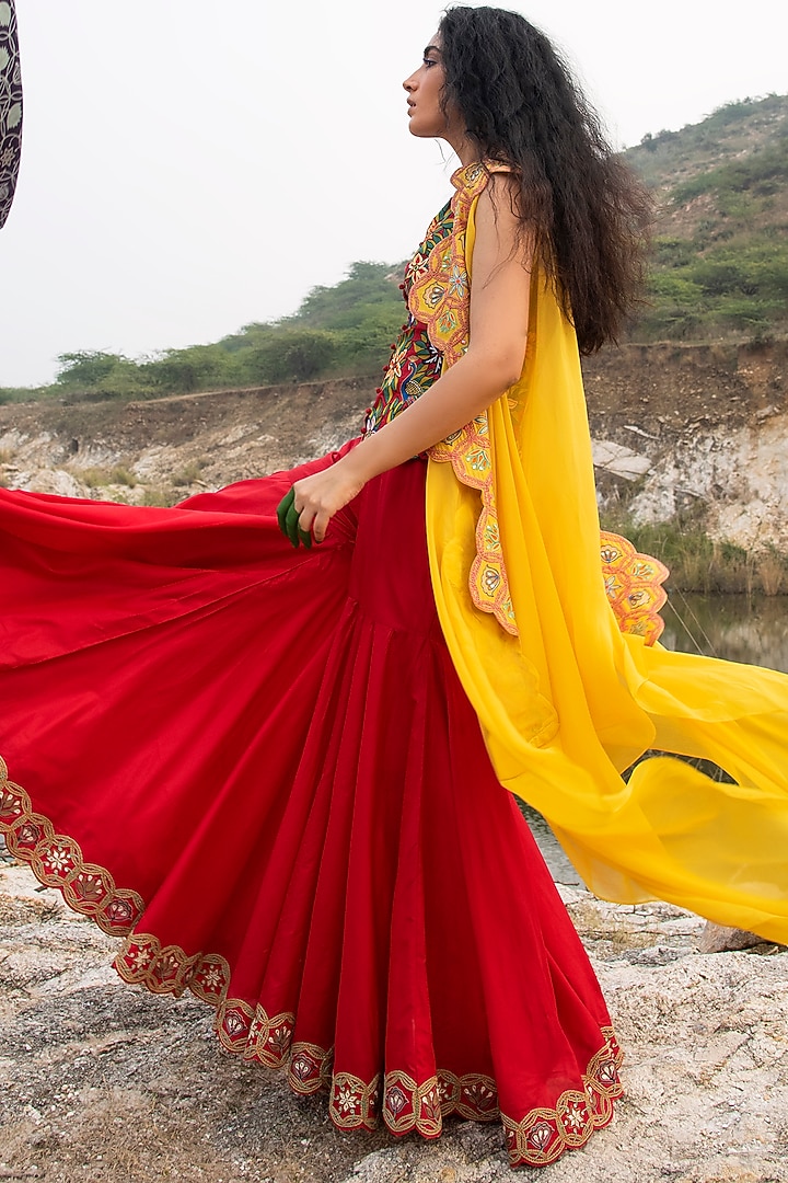 Red Embroidered Bridal Sharara Set With Cape by Swati Vijaivargie at Pernia's Pop Up Shop