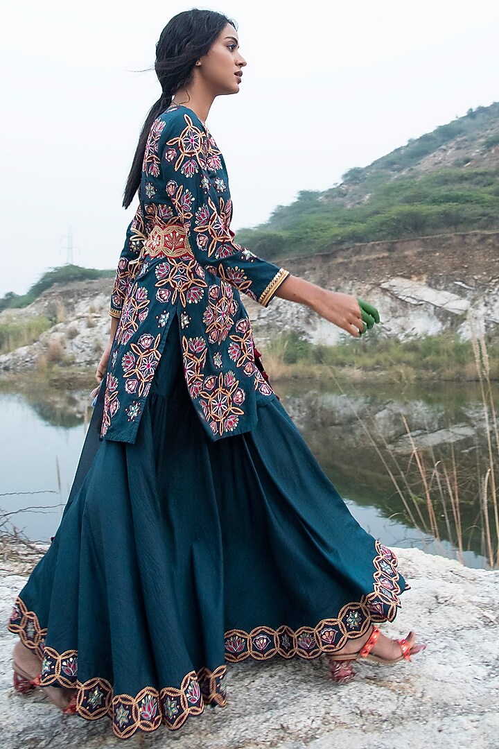 Teal Blue Silk Embroidered Bridal Sharara Set by Swati Vijaivargie at Pernia's Pop Up Shop