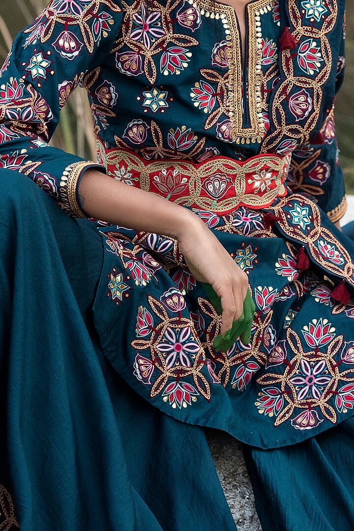 Teal Blue Silk Embroidered Bridal Sharara Set by Swati Vijaivargie at Pernia's Pop Up Shop
