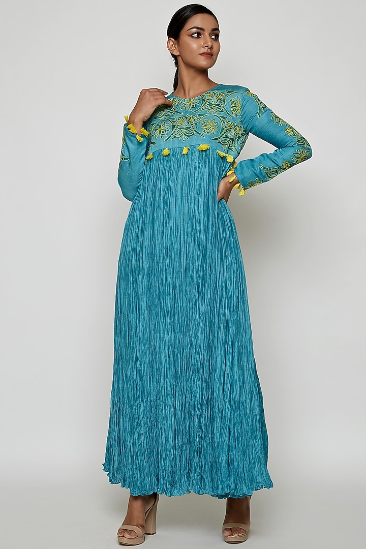 Aqua Blue Crushed Cotton Silk Maxi Vacation Dress by Swati Vijaivargie at Pernia's Pop Up Shop