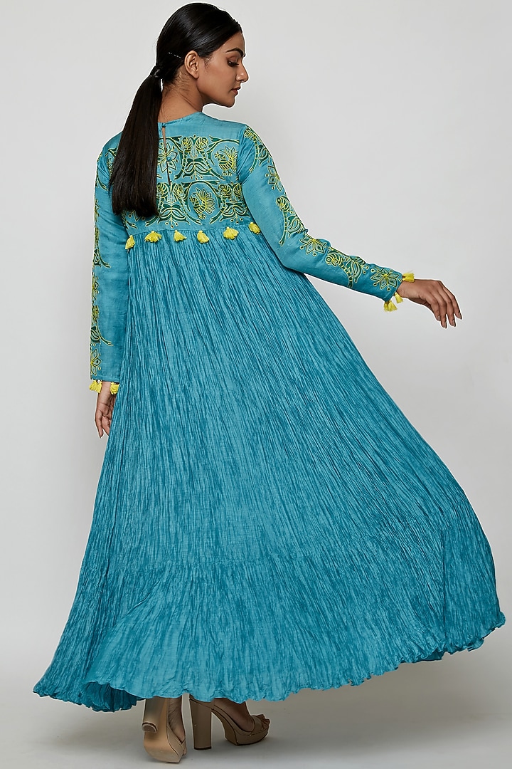 Aqua Blue Crushed Cotton Silk Maxi Vacation Dress by Swati Vijaivargie at Pernia's Pop Up Shop