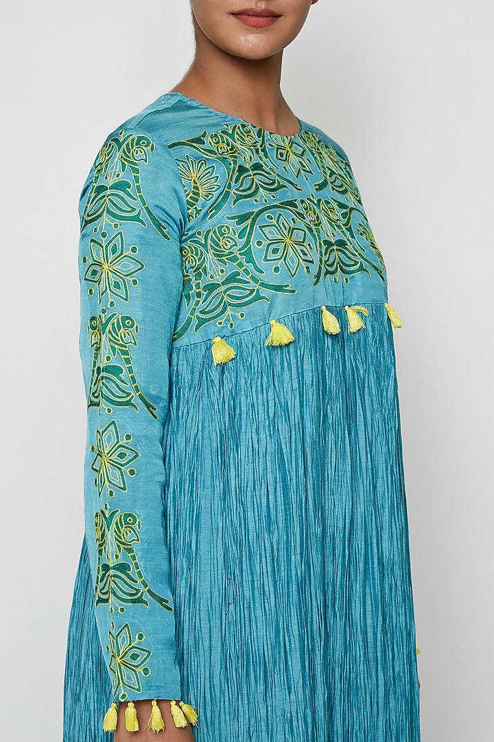 Aqua Blue Crushed Cotton Silk Maxi Vacation Dress by Swati Vijaivargie at Pernia's Pop Up Shop