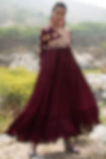 Maroon Crushed Silk Dress by Swati Vijaivargie